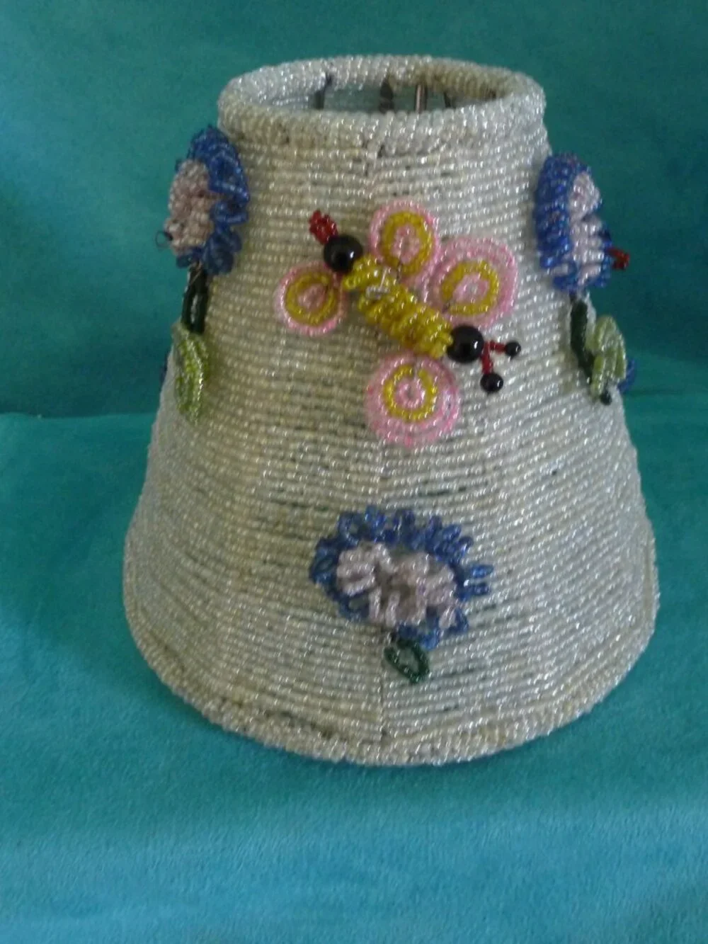 Vintage Seed Beaded 3D Floral Lamp Shade handmade wire metal Ornate